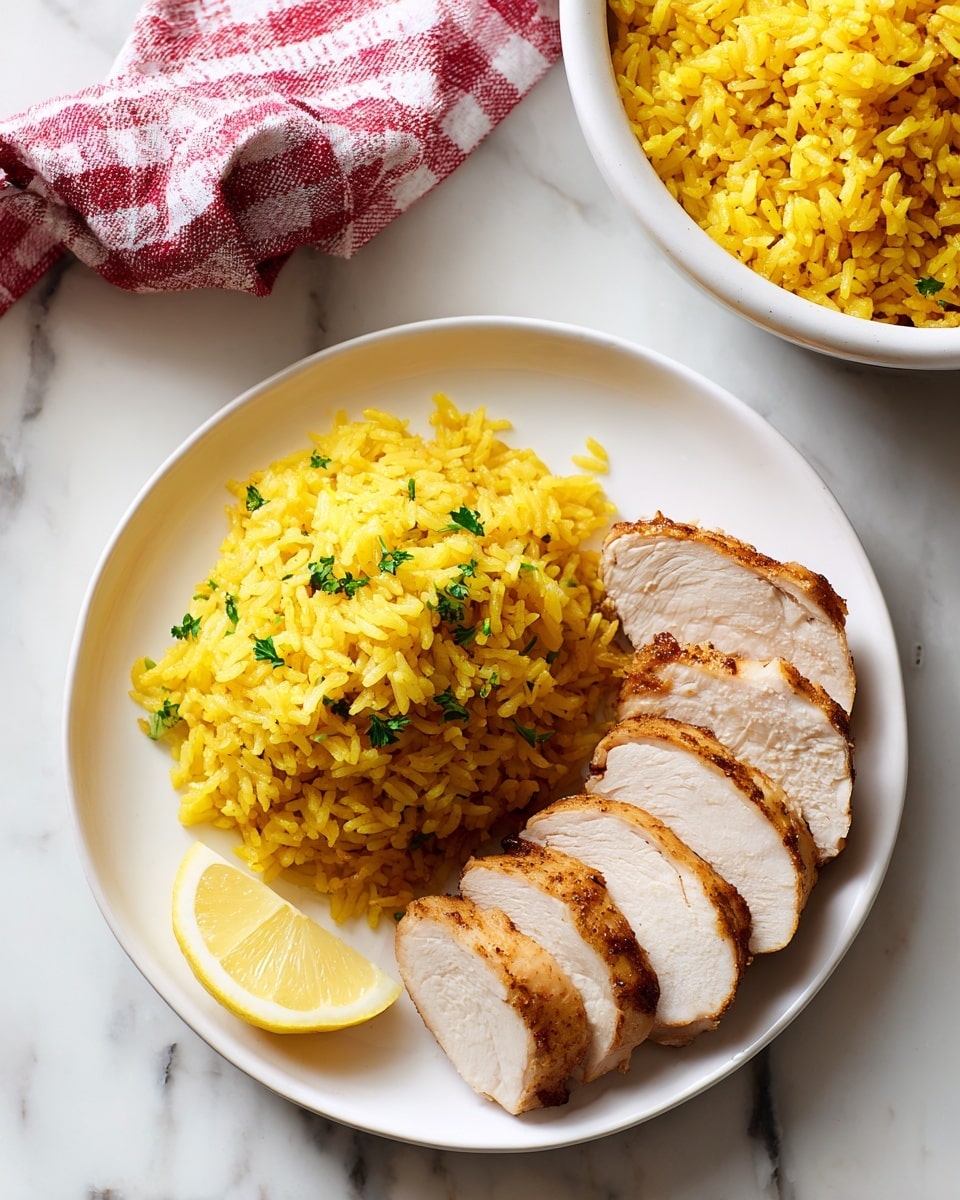 A white plate on a white marbled surface holds a serving of yellow rice with green herb bits on the left side, and four slices of cooked chicken with a golden-brown crust on the right. A lemon wedge is placed at the bottom left edge of the plate. To the top right, there is a white bowl filled with more yellow rice. A red and white checkered cloth is partially visible on the left side of the image. photo taken with an iphone --ar 4:5 --v 7
