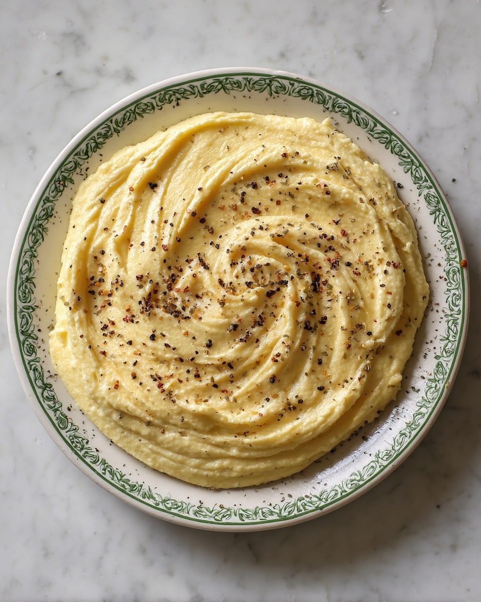 A creamy pale yellow mashed dish is swirled gently into one thick layer in a white bowl with green and beige trim around the edges. The smooth texture has soft peaks and valleys with small black pepper flakes sprinkled evenly on top. The bowl is placed on a white marbled surface. photo taken with an iphone --ar 4:5 --v 7