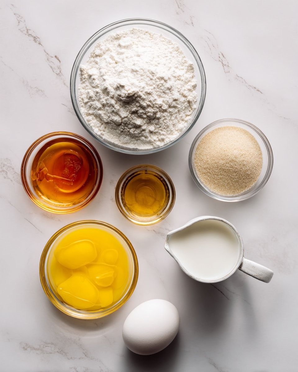 The image shows a white marbled surface with several ingredients for baking arranged neatly. At the top left, there is a transparent bowl filled with white flour. Below it, two small clear bowls hold bright yellow melted butter and amber-colored honey. To the right of the flour, a small glass container holds light brown yeast, and below it is a tiny bowl with white salt. To the far right, a white measuring cup contains white milk, and next to it, a whole white egg is placed directly on the surface. The setup is simple and clean, showing all ingredients clearly and separately. Photo taken with an iphone --ar 4:5 --v 7