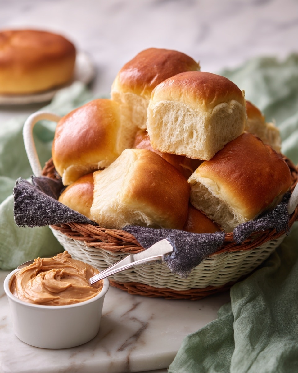 A basket filled with many golden brown dinner rolls stacked in layers, showing their smooth and shiny crusts with soft, rounded edges. The basket is woven with light and white patterns and has a dark cloth napkin inside holding the rolls. In the background, there is a small white bowl with light brown peanut butter and a green cloth napkin, all placed on a white marbled surface. Photo taken with an iphone --ar 4:5 --v 7