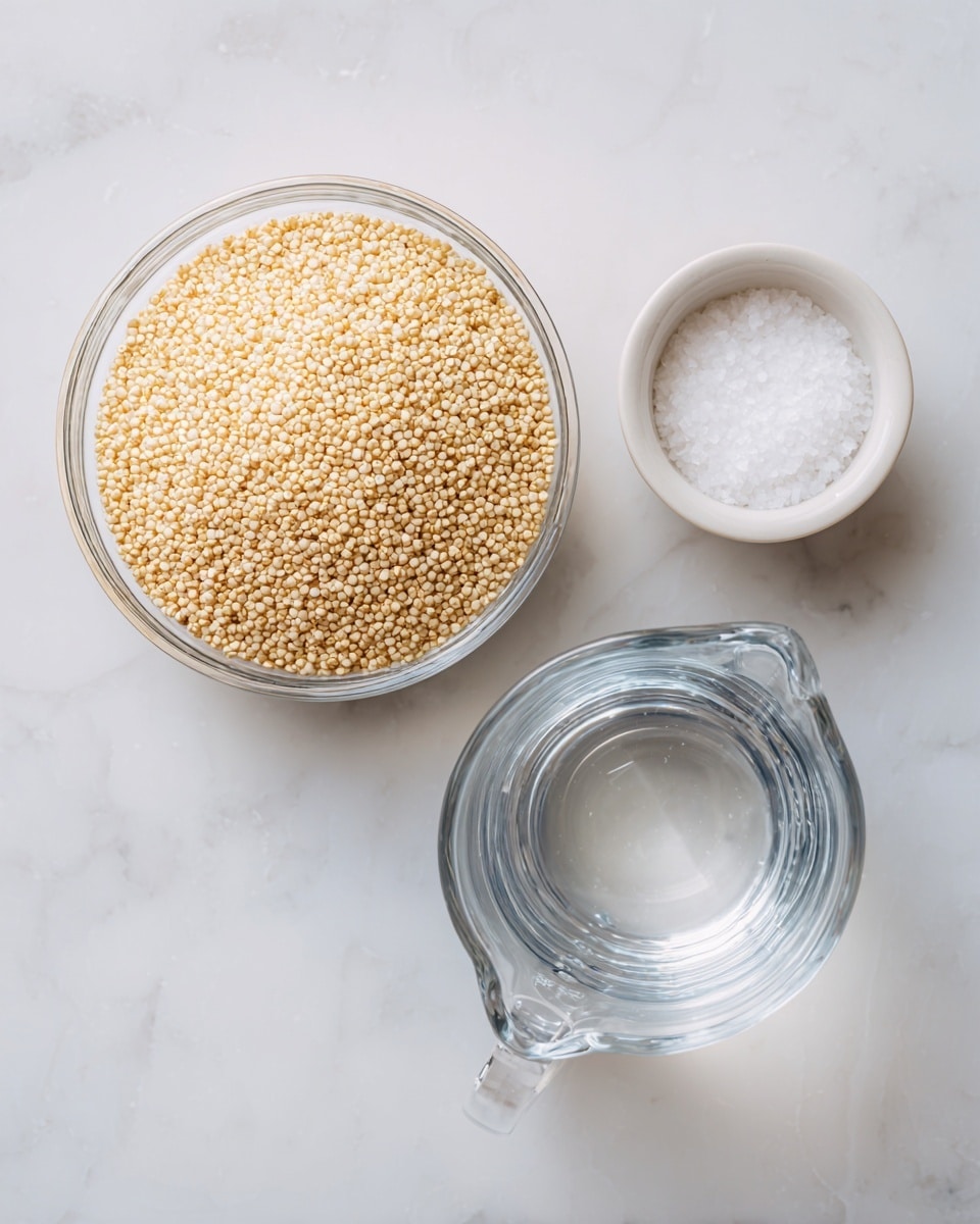 The image shows three items placed on a white marbled surface: a clear glass bowl full of small, round, pale yellow quinoa grains on the left, a small white bowl containing white salt near the top center, and a clear plastic measuring cup filled with water on the right side. All items are spaced apart and clearly visible from a top view. photo taken with an iphone --ar 4:5 --v 7