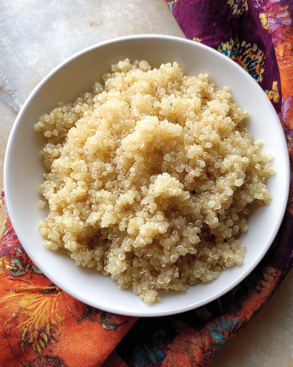 A close-up view of a white bowl filled with cooked quinoa. The quinoa grains are light beige and fluffy, evenly spread out to fill the bowl fully. The bowl is placed on a white marbled surface, with a colorful floral cloth partially visible at the top left and bottom left corners. The quinoa texture is soft and slightly separated, showing individual small grains clearly. photo taken with an iphone --ar 4:5 --v 7