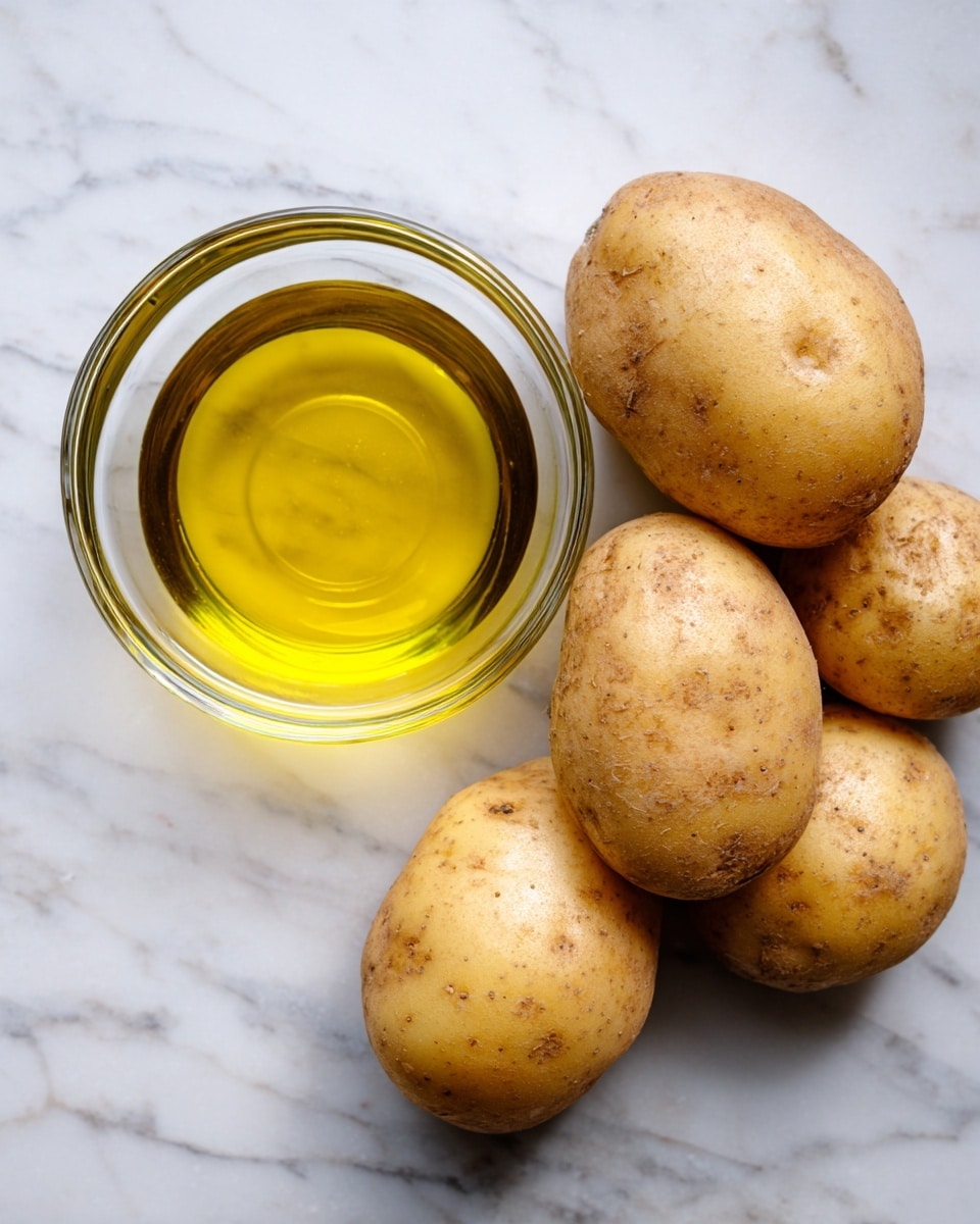 The image shows a white marbled surface with a clear glass bowl filled with golden yellow oil on the left side, showing smooth and shiny texture. On the right side, there are five whole russet potatoes with light brown skin, rough and uneven, laying close to each other in a small pile. The contrast between the shiny oil and the rough potatoes is clear. photo taken with an iphone --ar 4:5 --v 7