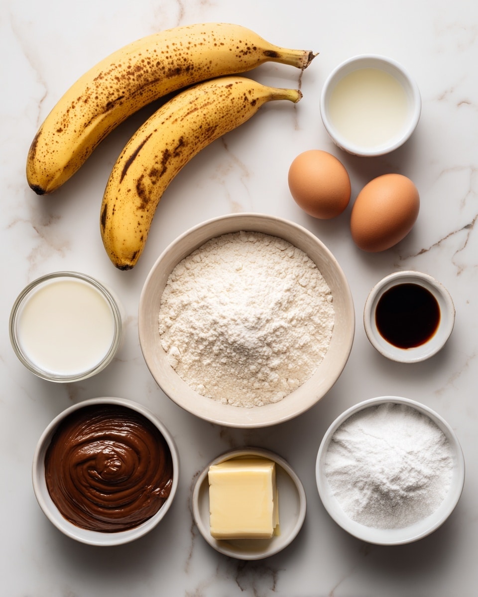 The image shows different baking ingredients arranged neatly on a white marbled surface. In the top left, there is a large clear glass bowl filled with white flour, next to a stick of butter wrapped in paper. Below the flour, a small wooden bowl holds a beige powder (yeast or spice), and to the right is a small white measuring cup with melted butter-like liquid. To the right, a white bowl contains two cracked eggs with bright yellow yolks and clear whites. Below, a small wooden bowl holds white granulated sugar, and next to it, a white bowl is filled with light brown chopped nuts. At the bottom right, a white bowl contains chunky light brown sugar. Other small white bowls hold a powdery spice and milk or cream in a measuring cup. The layout is clean with soft natural light. Photo taken with an iphone --ar 4:5 --v 7