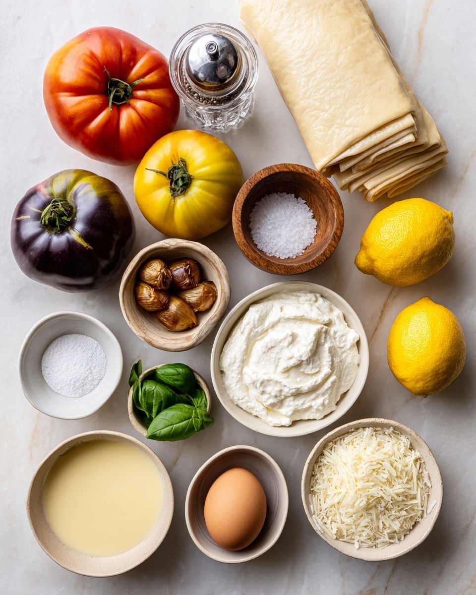 The image shows baking ingredients neatly arranged on a white marbled surface. There are two ripe bananas with brown spots positioned at the top. Below them, there is a white bowl filled with white flour in the center. Surrounding the flour bowl, clockwise, are two brown eggs, a small glass of milk, a small white bowl of dark brown vanilla extract, a white bowl of white sugar, a white bowl with a thick brown spread, a small packet of butter, and a white bowl with white baking soda or powder. The setup is clean and simple, ready for baking. Photo taken with an iphone --ar 4:5 --v 7