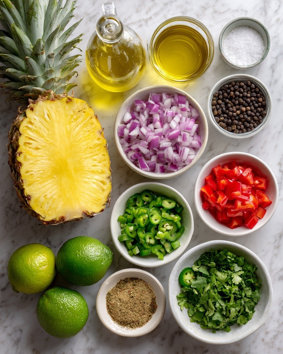 The image shows various ingredients arranged on a white marbled surface. On the left is a fresh pineapple cut in half, showing its bright yellow inside and green spiky outer skin. Below it, there are two shiny green limes. Moving right, there are small white bowls with chopped red bell pepper, diced red onions, chopped cilantro, and chopped jalapeño. A small white bowl contains light brown sugar. Above these bowls, there are glass bottles; one is filled with golden olive oil, next to it is a clear container of black peppercorns, and a small white bowl with white salt. All items are laid out neatly and clearly labeled. photo taken with an iphone --ar 4:5 --v 7