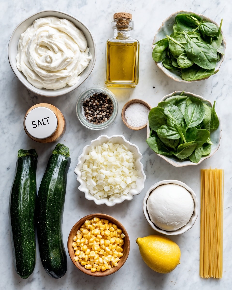 The image shows a flat lay of various fresh ingredients arranged neatly on a white marbled surface. At the top left, there is a white bowl filled with thick, creamy greek yogurt, next to a square glass bottle of golden olive oil. Beside them is a small round wooden container with white salt inside, its open lid marked