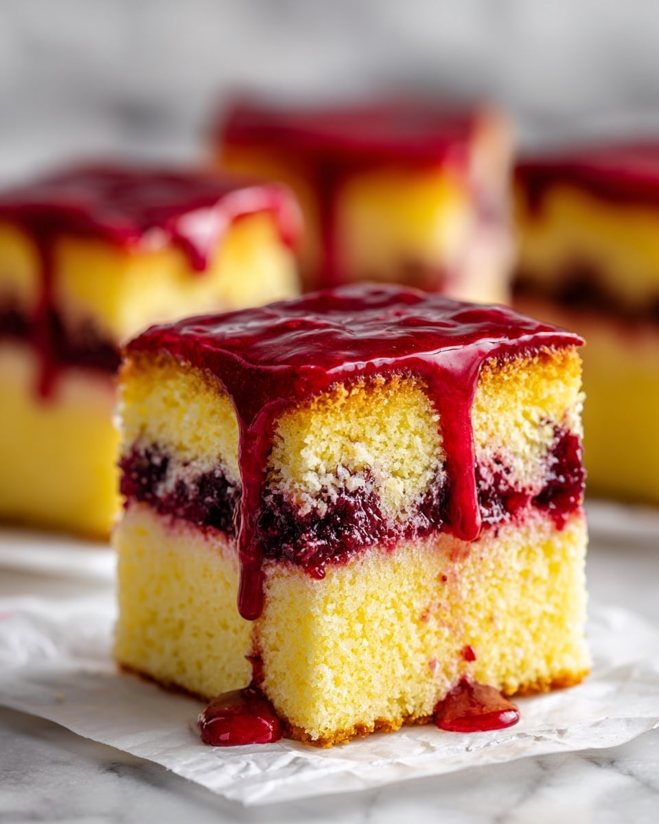 The image shows a close-up of a sliced pastry with a soft, light yellow inside layer that looks fluffy and moist. The outside is covered with a thick, shiny bright red sauce that flows down the sides and pools slightly on the white marbled surface below. The sauce appears smooth and glossy, contrasting with the textured, slightly rough baked crust of the pastry. In the background, parts of other pastries with the same red topping are visible, slightly blurred. Photo taken with an iphone --ar 4:5 --v 7