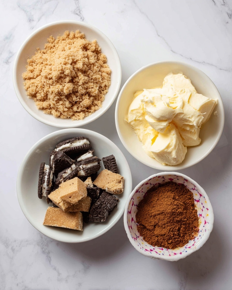 The image shows four small white bowls with different ingredients placed on a white marbled surface. One bowl contains light brown crushed biscuit crumbs with a crumbly texture, another has pieces of broken chocolate sandwich cookies and chunks of golden brown baked cookie or cake. The third bowl holds soft, smooth, pale yellow cream. The fourth bowl is filled with a fine, reddish-brown powder. The bowls have simple designs with some having colored edges or patterns. photo taken with an iphone --ar 4:5 --v 7