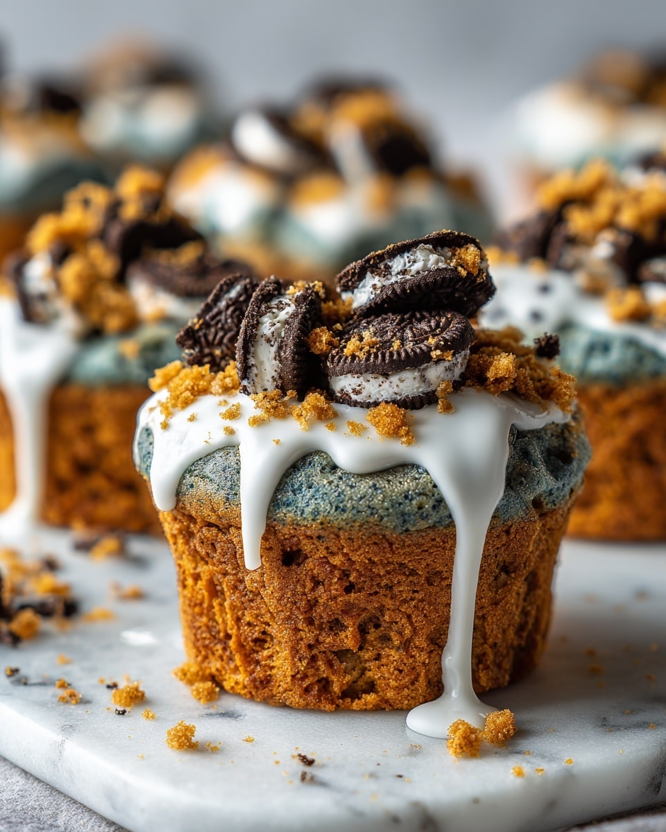 A close-up of a broken piece of blue-green cake with a rough and moist texture. The cake has a bottom layer with darker green and brown spots mixed into it, and the top layer is a brighter blue-green color that looks soft and fluffy. On top of the cake is a thick white frosting that spreads unevenly, with crumbs and small pieces of dark chocolate cookies and light brown cookie bits scattered across the frosting. The cake is placed on a surface with a white marbled texture. photo taken with an iphone --ar 4:5 --v 7