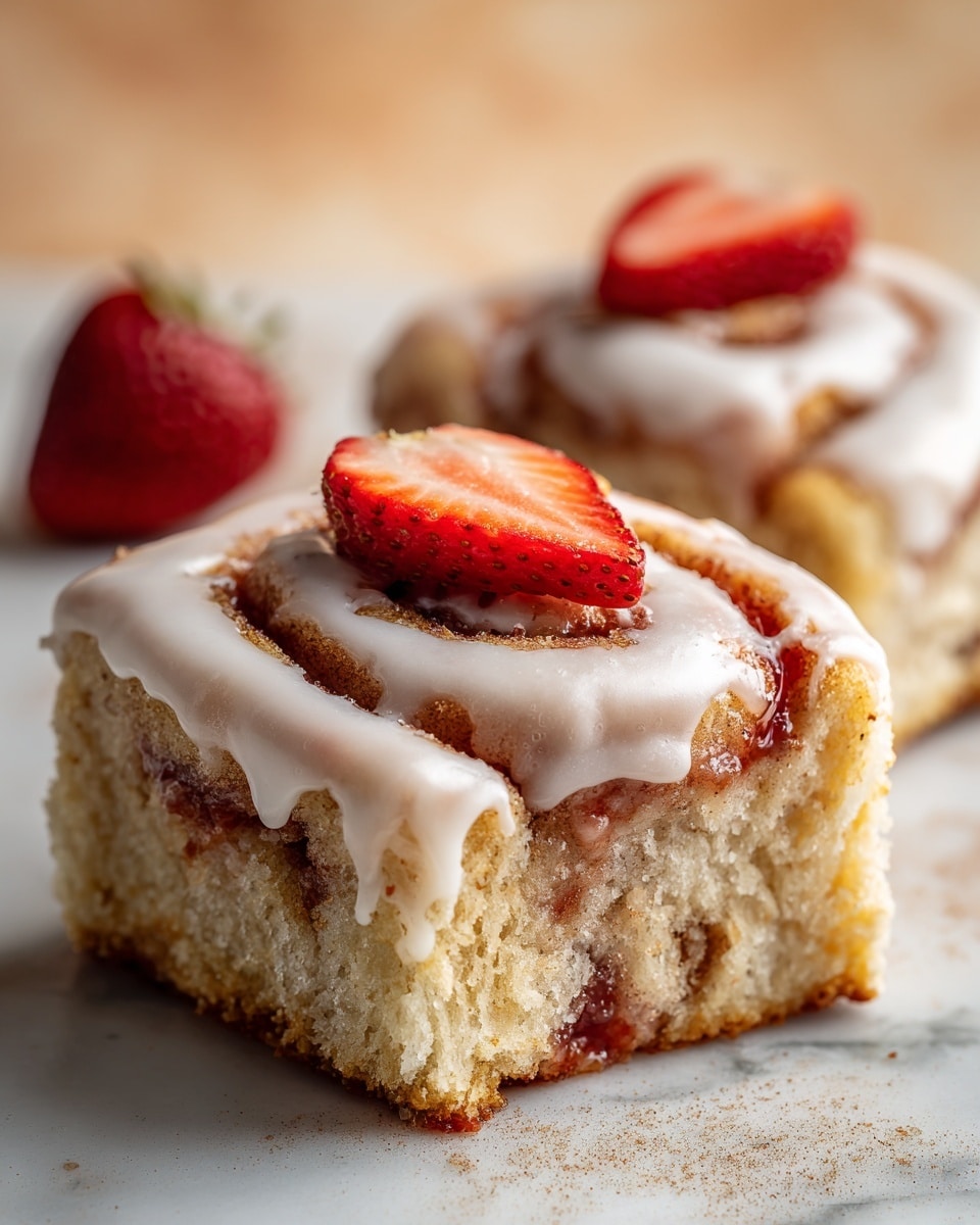 Two cinnamon rolls sit side by side, each with a thick layer of white icing dripping down the sides, covering the golden brown dough stained with swirls of red strawberry jam inside. On top of the left roll is a bright red strawberry slice, glistening and adding a pop of color. The rolls are placed on a white marbled surface with a warm orange blurred background. The texture shows the softness of the rolls with smooth icing pouring unevenly over the edges. photo taken with an iphone --ar 4:5 --v 7