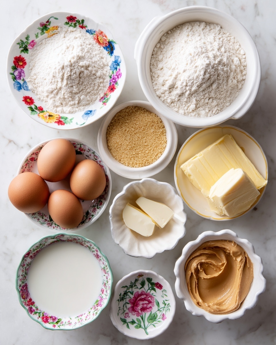 The image shows eight ingredients arranged neatly on a white marbled surface. There are two white bowls filled with white powdery flour placed at the top, one with colorful floral patterns and the other plain. Below them, a small white bowl with a yellow rim holds light brown granules of yeast. To the right, a small white bowl with raised patterned sides holds pale yellow butter. At the bottom right, another white bowl contains light brown peanut butter. In the center, three brown eggs rest on the surface. On the left side, two white bowls with bright floral patterns hold white sugar and milk. The layout is clean and bright, with all items clearly visible. photo taken with an iphone --ar 4:5 --v 7
