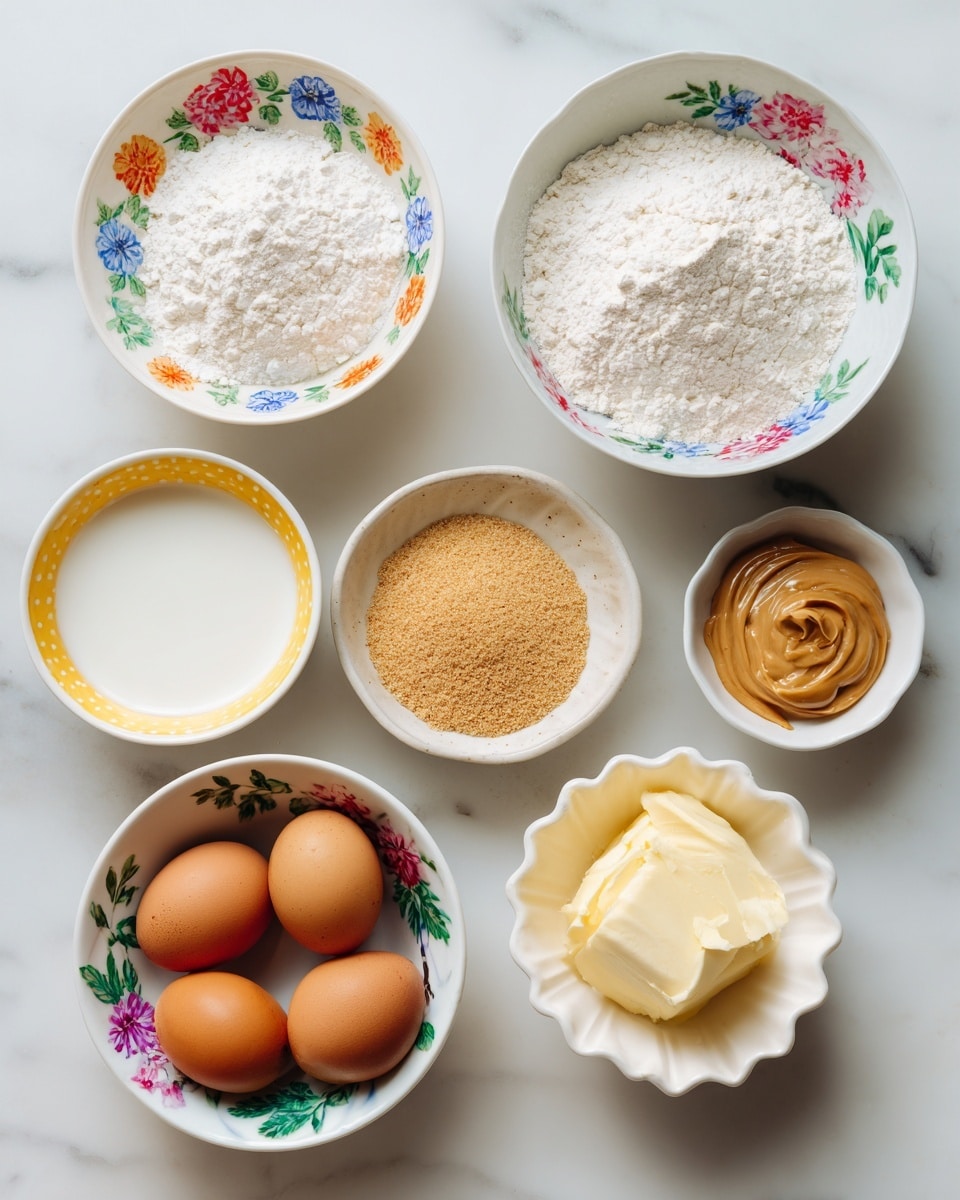The image shows ingredients neatly arranged on a white marbled surface. There are three brown eggs placed in the middle. Surrounding the eggs, there is a white bowl with a red rim filled with white flour at the top left, and below it, a white bowl filled with flour. Next to the flour bowl on the top right, there is a white bowl with a colorful floral pattern containing milk. Below the milk bowl, a similar floral-patterned bowl holds a brown powder, likely cinnamon. At the bottom left, a small white bowl with an orange rim contains chunks of yellow butter. On the bottom right, a blue and white patterned plate has small piles of white sugar and salt, along with a small white bowl with a yellow rim containing what looks like dry yeast. The arrangement is neat and clear, set on a bright white marbled texture. photo taken with an iphone --ar 4:5 --v 7