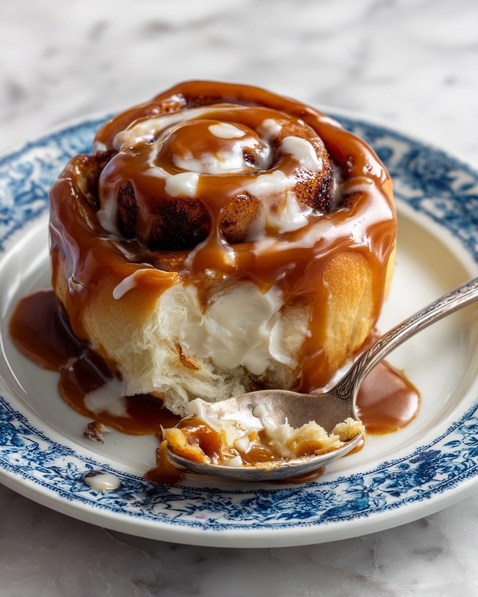 A soft, round cinnamon roll sits on a white plate with a blue pattern, topped with a thick, shiny layer of light brown caramel sauce that drips slightly down the sides. Part of the roll is pulled apart at the front to reveal the fluffy, moist inside with a golden-brown baked crust. A silver fork rests on the right side of the pulled piece, coated with the same caramel sauce. The plate is placed on a white marbled surface. photo taken with an iphone --ar 4:5 --v 7