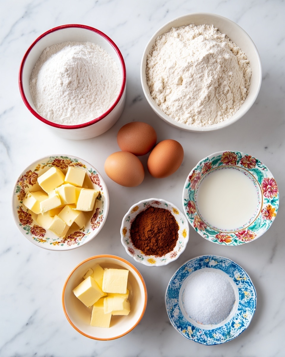 Several small white bowls with colorful rims are arranged on a white marbled surface. The top left bowl holds a layer of white flour, the middle bowl contains a powdery white substance, and the top right bowl is filled with small, colorful sprinkles. Below them, three brown eggs are placed in the center. On the lower left, a blue and white plate has two piles of white granular sugar and a dark purple bowl resting on it containing a small mound of brown sugar or spice. To the lower right, a bowl contains pale yellow softened butter, and a small bowl at the middle right holds a white liquid, likely milk. photo taken with an iphone --ar 4:5 --v 7