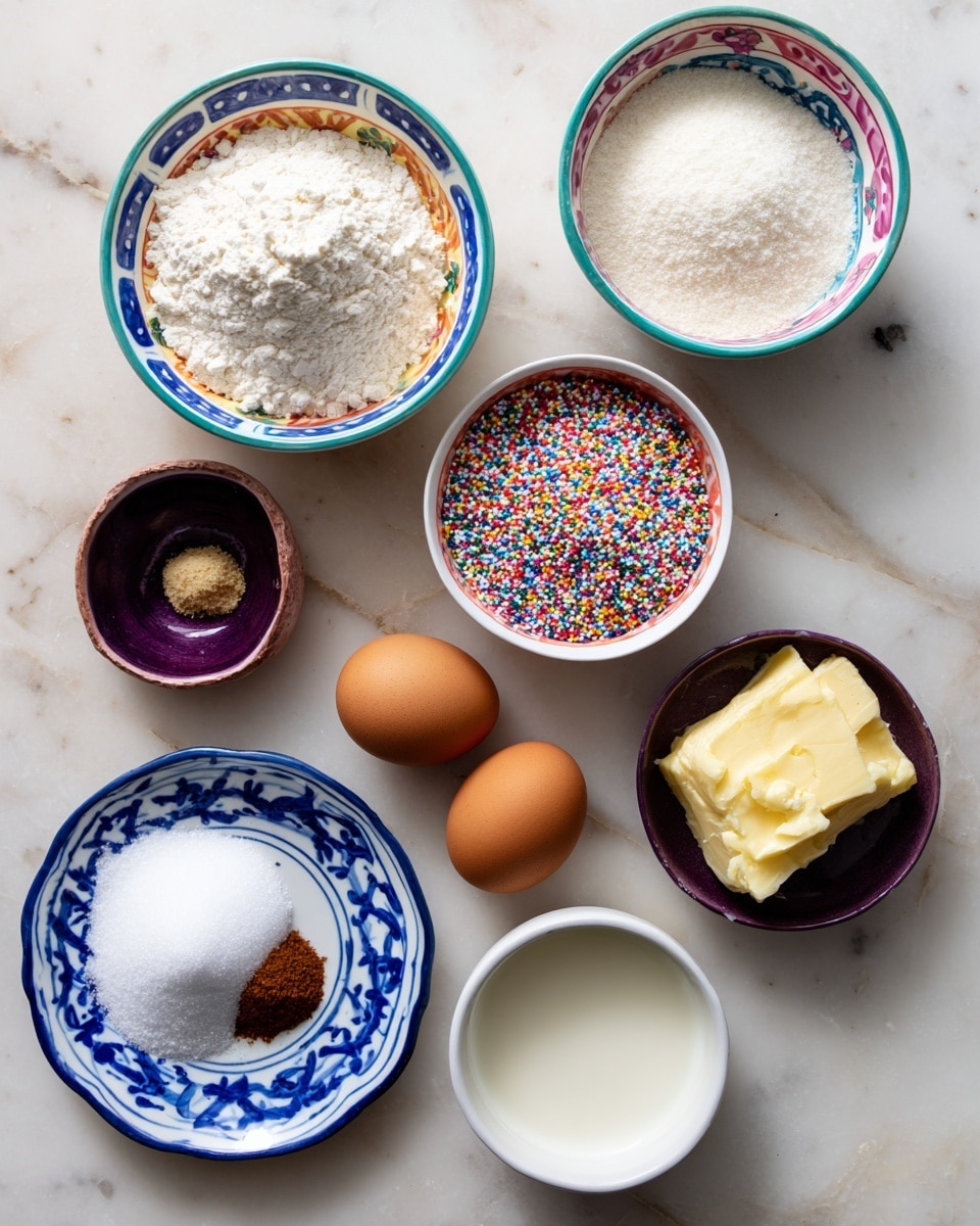 The image shows a white marbled surface with four main items arranged neatly: two long rolls of pale yellow dough placed side by side at the top, a small white bowl with curved edges containing two blocks of pale yellow butter on the left, a white bowl filled with light brown sugar in the middle right, and a small white bowl with a colorful floral design holding a mound of reddish-brown cinnamon powder at the bottom center. Each item is clearly separated, showcasing different textures from smooth dough to soft butter and granular sugars and powder, photo taken with an iphone --ar 4:5 --v 7