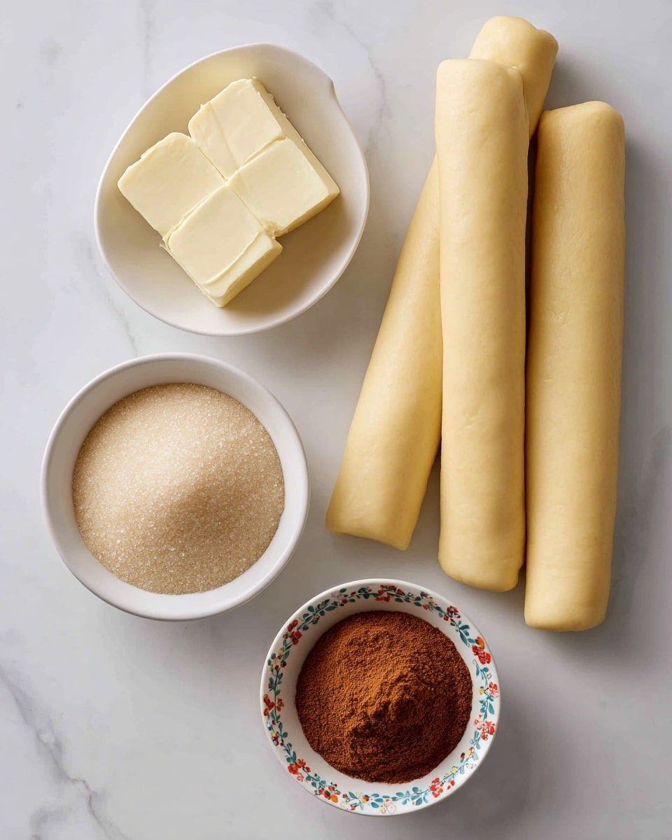 The image shows a white bowl with colorful floral patterns filled with a tall, uneven mound of light brown powder in the top left. To the right, a small white bowl with an embossed pattern holds a thick, pale yellow block of butter. Below these, a white plate with blue patterns holds six small piles of different spices: top left is a medium brown powder, in the center top is a dark brown powder, top right is a light brown powder, bottom left is a light beige powder, bottom center is a pale yellow powder, and bottom right is a reddish-brown powder. All are placed on a white marbled surface photo taken with an iphone --ar 4:5 --v 7