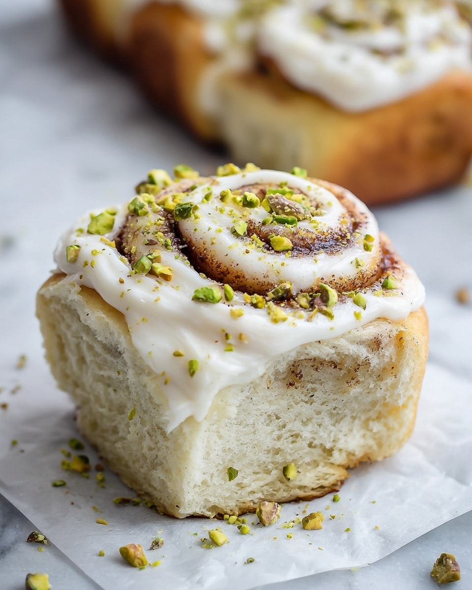 The image shows a close-up of a soft cinnamon roll with two main layers: the bottom layer is a fluffy, light brown dough with swirls of darker brown cinnamon inside, and the top layer is thick, white cream cheese frosting with a smooth and slightly shiny texture. On top of the frosting, there is a sprinkle of chopped light green pistachio nuts scattered unevenly. The cinnamon roll is placed on a white marbled surface with part of it resting on white parchment paper, and the background shows more cinnamon rolls covered similarly with frosting and pistachio crumbs. Photo taken with an iphone --ar 4:5 --v 7
