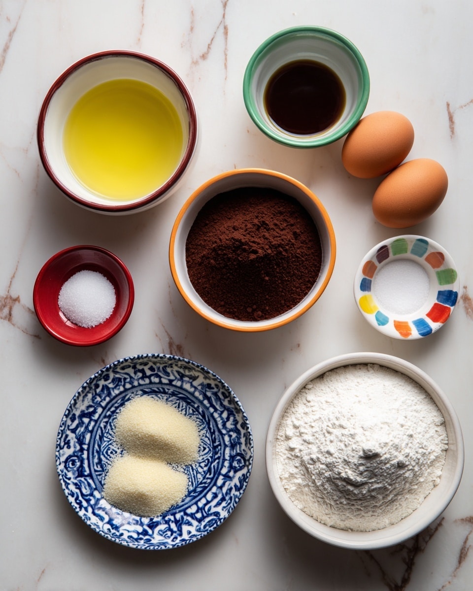 The image shows a collection of eight ingredients arranged on a white marbled surface. Starting from the top left is a small white bowl with a dark red rim filled halfway with a light yellow liquid. To the right is a white bowl with a green rim holding a dark brown liquid. Below that is a white bowl with an orange rim filled with dark brown powder. On the bottom right is a white bowl filled with white flour. Next to the flour are two brown eggs placed side by side. On the bottom left, a blue and white patterned plate holds three items: a small red dish with light beige granules, a pile of white granulated salt, and another yellow-rimmed white bowl filled with white granulated sugar. Above the plate, there is a small white dish with a multi-colored edge containing a small amount of white liquid. The ingredients are neatly spaced and displayed clearly, photo taken with an iphone --ar 4:5 --v 7