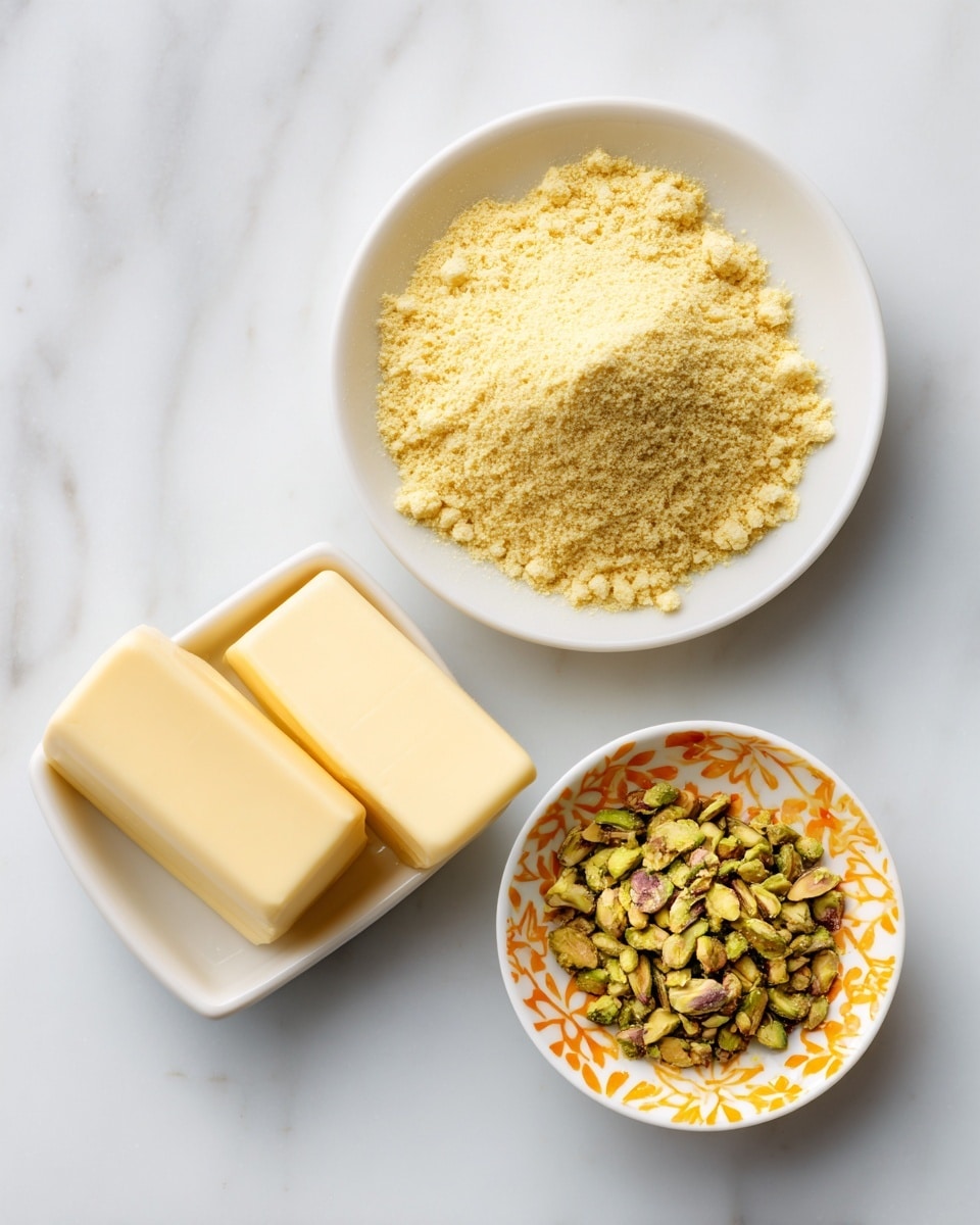 The image shows three small white dishes placed on a white marbled surface. The largest dish at the top center holds a pile of fine, light golden yellow powder with a crumbly texture. Below it to the left, a smaller white dish contains two smooth, rectangular slabs of pale yellow butter. To the right, another small white dish with bright orange and yellow floral patterns around the edges is filled with a coarse green mixture that looks like crushed pistachios. Photo taken with an iphone --ar 4:5 --v 7