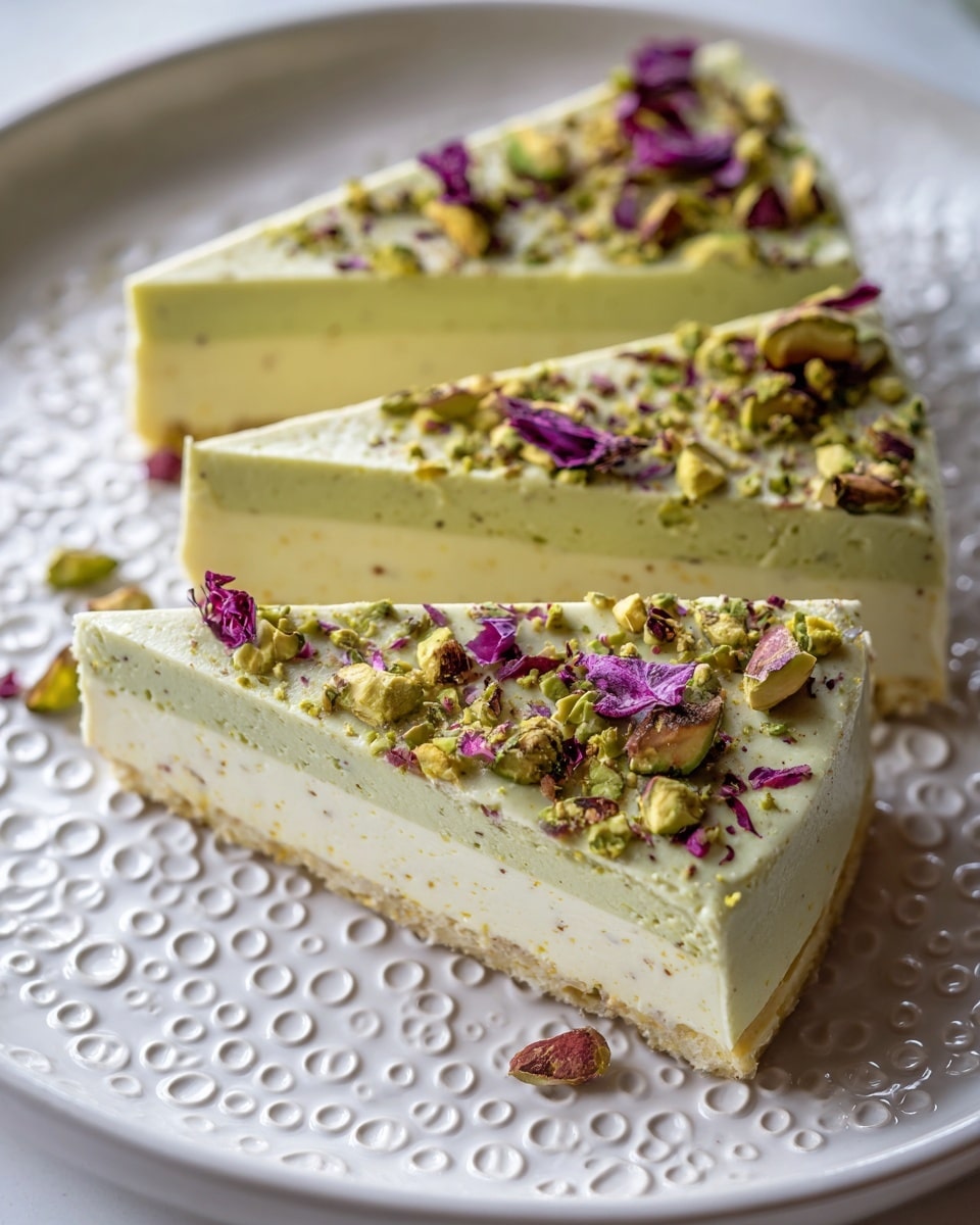 The image shows three triangular slices of a creamy yellow dessert with a smooth, slightly textured top layer. Each slice has a thin, crumbly base that is lighter in color, almost pale beige. The top of the dessert is decorated with small pieces of pistachio nuts and dried rose petals, adding hints of green and deep red. The slices are placed on a white plate with a raised bubble-like pattern, set against a white marbled surface. The photo is a close-up, showing the fine details and soft texture of the dessert photo taken with an iphone --ar 4:5 --v 7