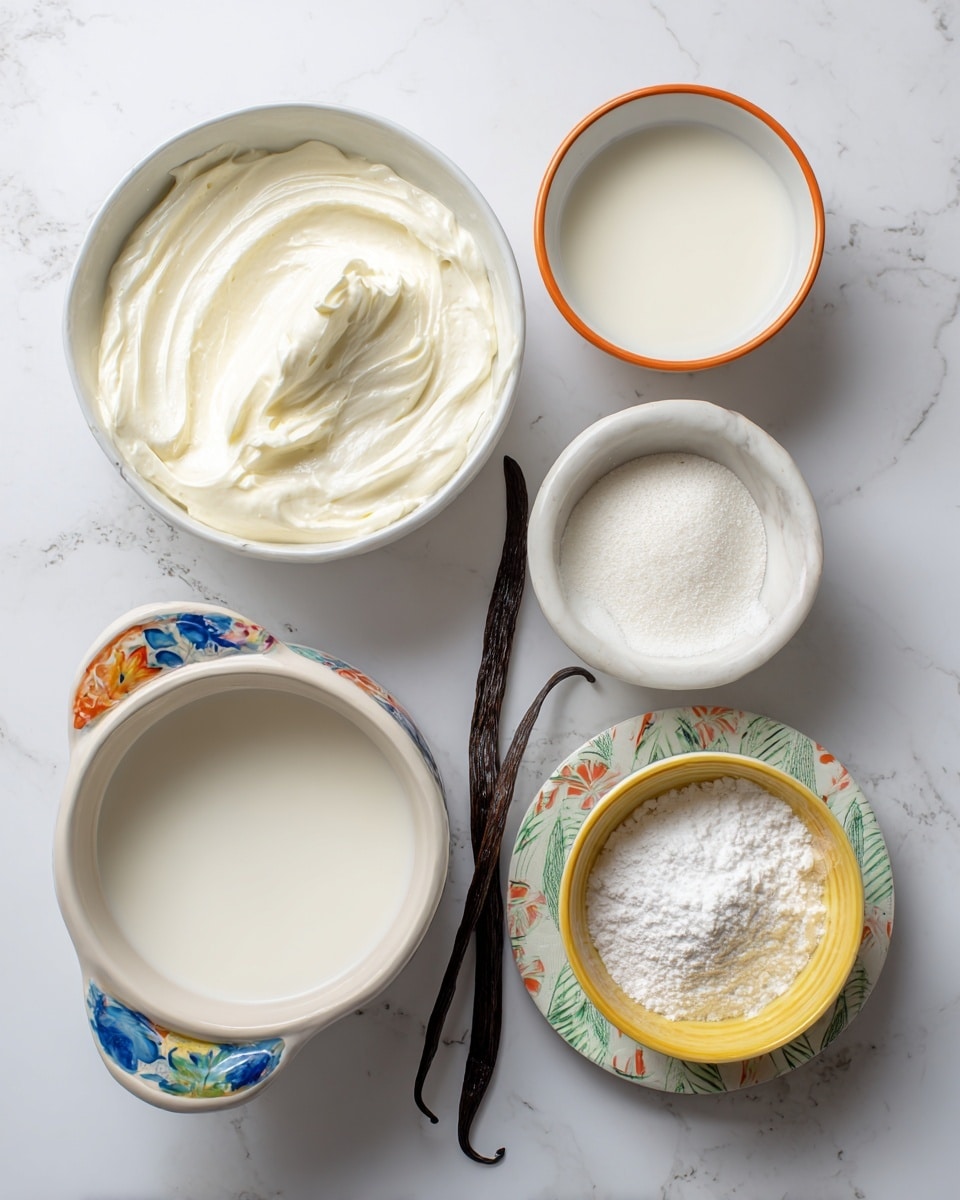 The image shows six ingredients placed on a white marbled surface. At the top left is a white bowl filled with thick white cream, swirled softly on top. To the top right is a smaller white bowl with an orange rim, also filled with smooth white cream. Below these, on the left, is a larger white bowl with colorful painted handles, holding a smooth white liquid. A long, dark vanilla bean pod stretches diagonally from the bottom left toward the center. To the bottom right, there is a small white bowl with a yellow rim filled with fine white sugar, and next to it, a white plate with a mix of light green, orange, and white patterns holds a mound of white powdered sugar or flour. photo taken with an iphone --ar 4:5 --v 7