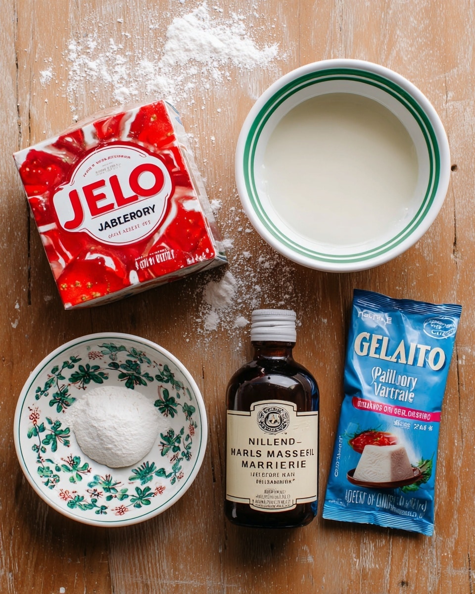 The image shows five items arranged on a wooden surface with a few small white powder spills. On the top left is a box of red and white JELL-O strawberry gelatin dessert. To its right is a white bowl with a green rim filled with a smooth, creamy white liquid. Below the JELL-O box, there is a small white bowl with a green and floral pattern holding a small mound of white powder and a smaller round white piece of powder. Next to it, in the center bottom, is a dark brown bottle with a beige label that reads
