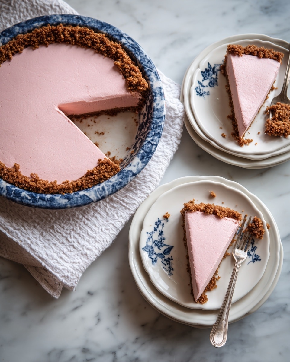 A round pie with a thick, crumbly brown crust as the bottom layer held in a blue and white plate, topped with a smooth, pale pink creamy layer with small specks inside. One large slice is removed showing the clean cut between crust and filling. Two white plates with blue designs near the edges each hold a triangular slice of the pie with pink filling and brown crust. One slice has a silver fork resting on it, with a small bite on the fork. The pie and plates sit on a textured white cloth over a white marbled surface. A detailed silver pie server is also placed on the cloth near the pie photo taken with an iphone --ar 4:5 --v 7