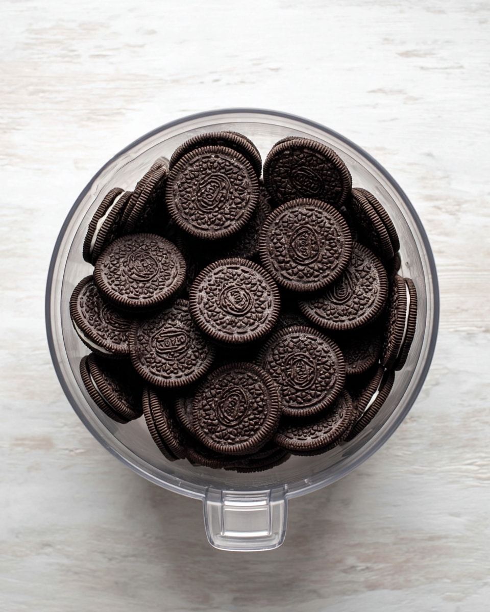 A clear plastic food processor bowl filled with a single layer of whole round black sandwich cookies arranged evenly inside. The cookies have detailed textures on the top showing the cookie design, with small bits of white cream visible in some places. The bowl sits on a white marbled surface, showing a smooth light wood grain pattern outside the bowl. The photo looks bright and clear, taken from above, showing the full round shape of the bowl and its handle clearly, photo taken with an iphone --ar 4:5 --v 7