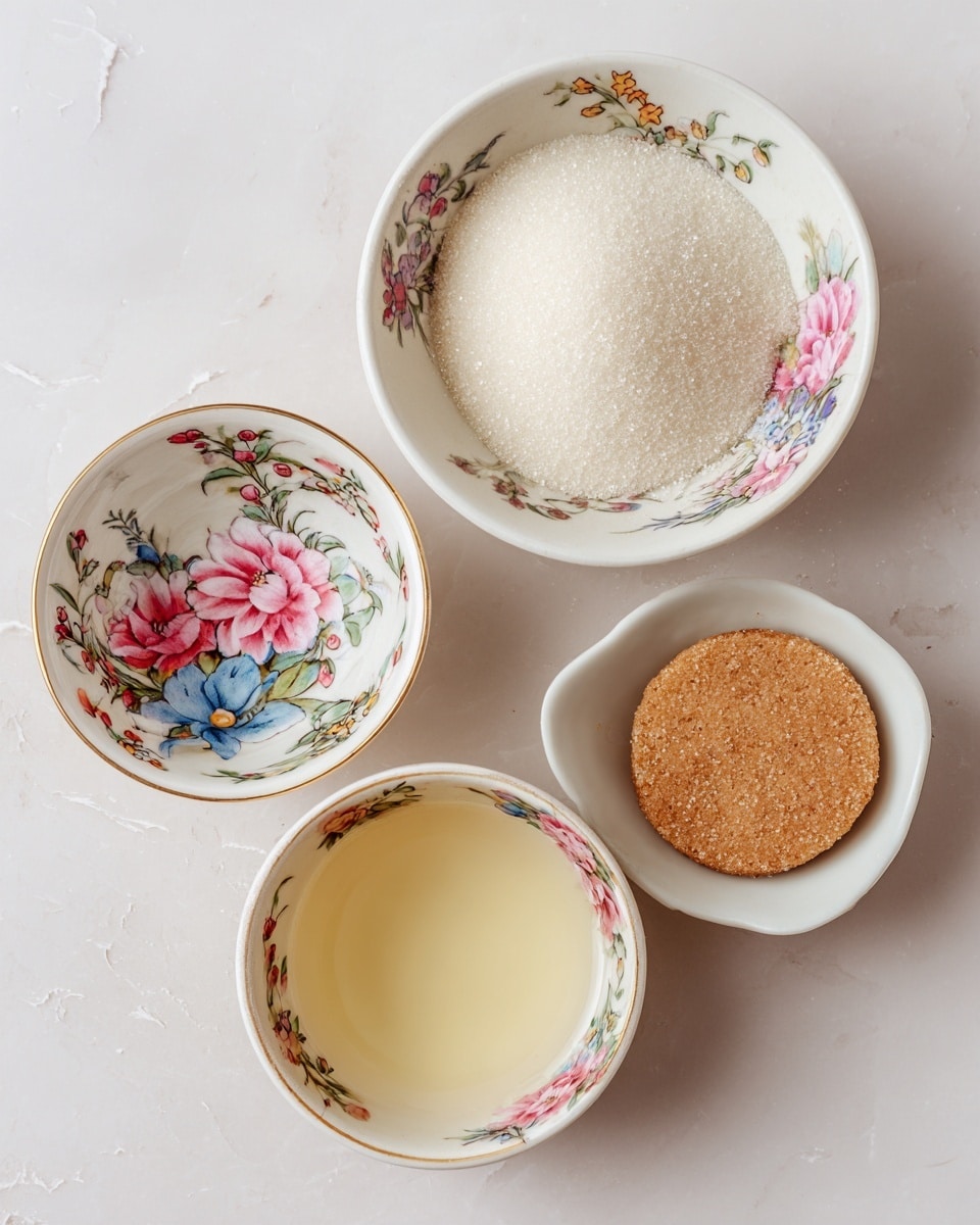 Three small white bowls with colorful floral patterns are placed on a white marbled texture. The top right bowl is filled with a mound of white granulated sugar, the bottom right bowl holds a single round brown disk, and the left bowl contains a pale yellow liquid. The bowls are arranged in a roughly triangular shape on the surface. Photo taken with an iphone --ar 4:5 --v 7