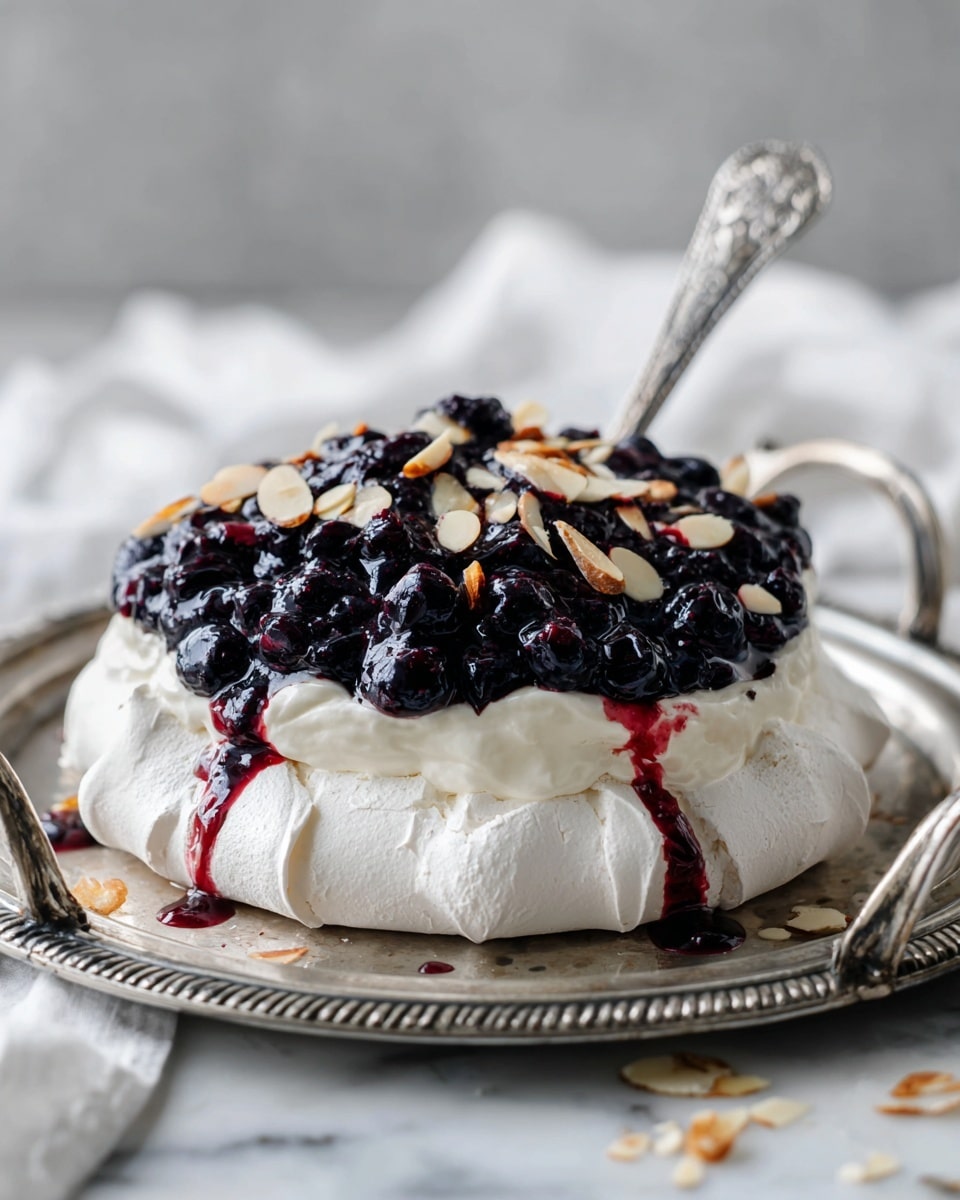 A silver decorative tray holds a dessert with three main layers: a base layer of white, swirled and slightly cracked meringue with soft texture, topped with a smooth, creamy white layer likely whipped cream or mascarpone. On top is a thick, shiny dark purple-blue berry sauce covered with fresh blueberries and sprinkled with light beige almond slices. A silver serving cake slice rests on the edge of the tray, with some berry sauce on it. The tray lies on a surface with a white marbled texture and a bit of wood visible on the side. Photo taken with an iphone --ar 4:5 --v 7