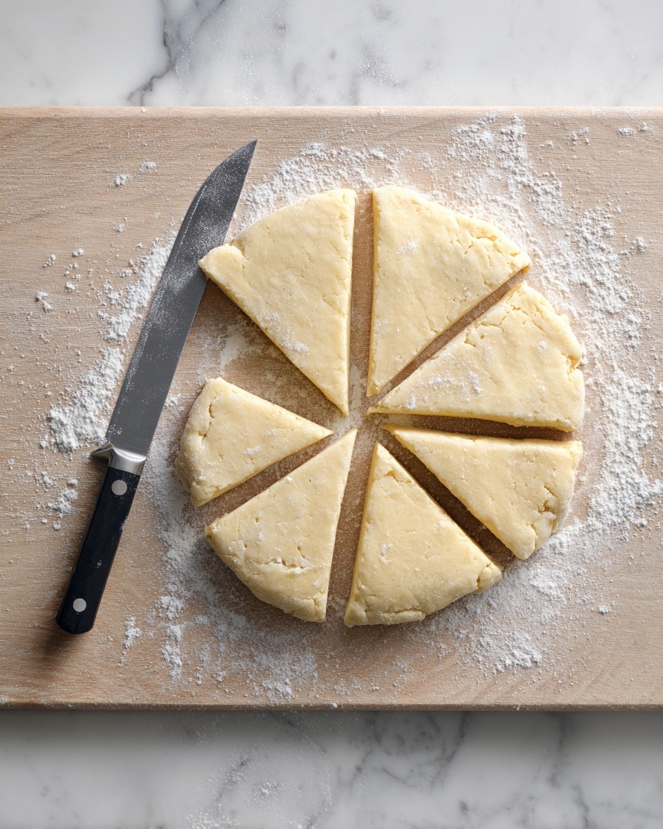 A round piece of dough is cut into six slices on a wooden surface dusted with white flour. The dough is light yellow and has a soft, smooth texture, with one slice slightly pulled away from the others. Beside the dough, there is a metal dough cutter with a black handle resting flat on the wooden surface. The background is a white marbled texture. photo taken with an iphone --ar 4:5 --v 7
