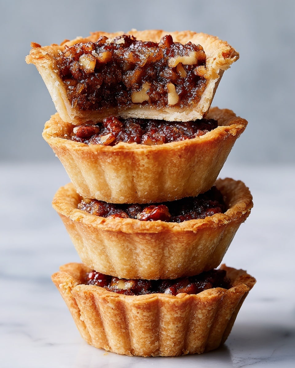 A stack of four mini tarts is arranged one on top of the other against a plain white background. Each tart has a golden-brown, slightly crumbly crust that holds a rich, dark brown filling with a rough texture, showing bits of nuts or other ingredients. The top tart is bitten into, revealing a gooey inside with a mix of dark and light brown layers. The tarts sit on a white marbled surface, and the overall image feels warm and inviting with a focus on the contrast between the crust and the dark filling. photo taken with an iphone --ar 4:5 --v 7