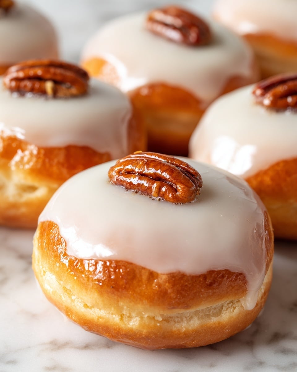 The image shows small tarts with three visible layers: a golden-brown crumbly crust on the bottom and sides, a thick, smooth dark chocolate filling with a glossy surface in the middle, and a shiny, amber-colored caramel pecan brittle being lifted by a woman's hand from one tart. The caramel brittle layer has embedded toasted pecan pieces, giving it a rough texture and rich brown tones. The tarts rest on a white cloth on a white marbled surface. Photo taken with an iphone --ar 4:5 --v 7