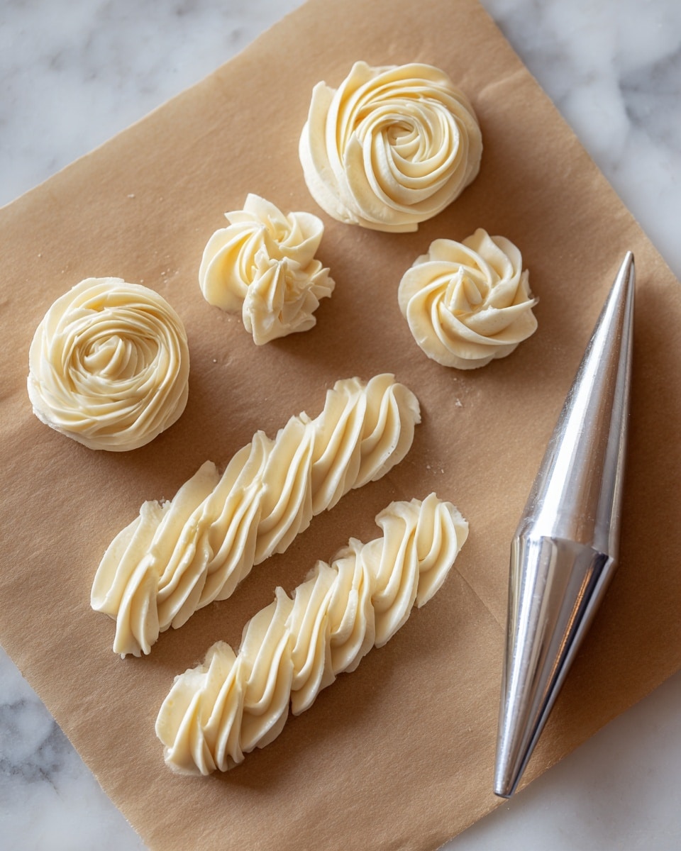 The image shows a sheet of brown parchment paper with five shapes of piped white cream arranged on it. There are two long curved layers made of smooth, delicate, shell-like ridges placed at the top and bottom of the image, while two smaller, star-shaped swirls sit in the middle. One flatter, more ruffled line with a textured edge is between the stars and the top curve. On the right side, a piping bag with a metal star tip is partially visible. The background is a white marbled texture. Photo taken with an iphone --ar 4:5 --v 7