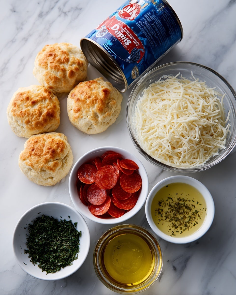 A can of refrigerated biscuit dough lies tilted on a white marbled surface, showing images of round biscuits on its blue and red label. To its right, there is a clear glass bowl filled with about two cups of shredded mozzarella cheese, which is pale and stringy in texture. Below these, a white bowl holds a quarter cup of small round mini pepperoni slices, bright red in color. Next to it, a small clear bowl contains a quarter cup of melted garlic butter, golden with herb flecks. At the bottom, a small white bowl has fresh chopped parsley, dark green with some light green highlights. All items are arranged neatly on the white marbled texture. photo taken with an iphone --ar 4:5 --v 7