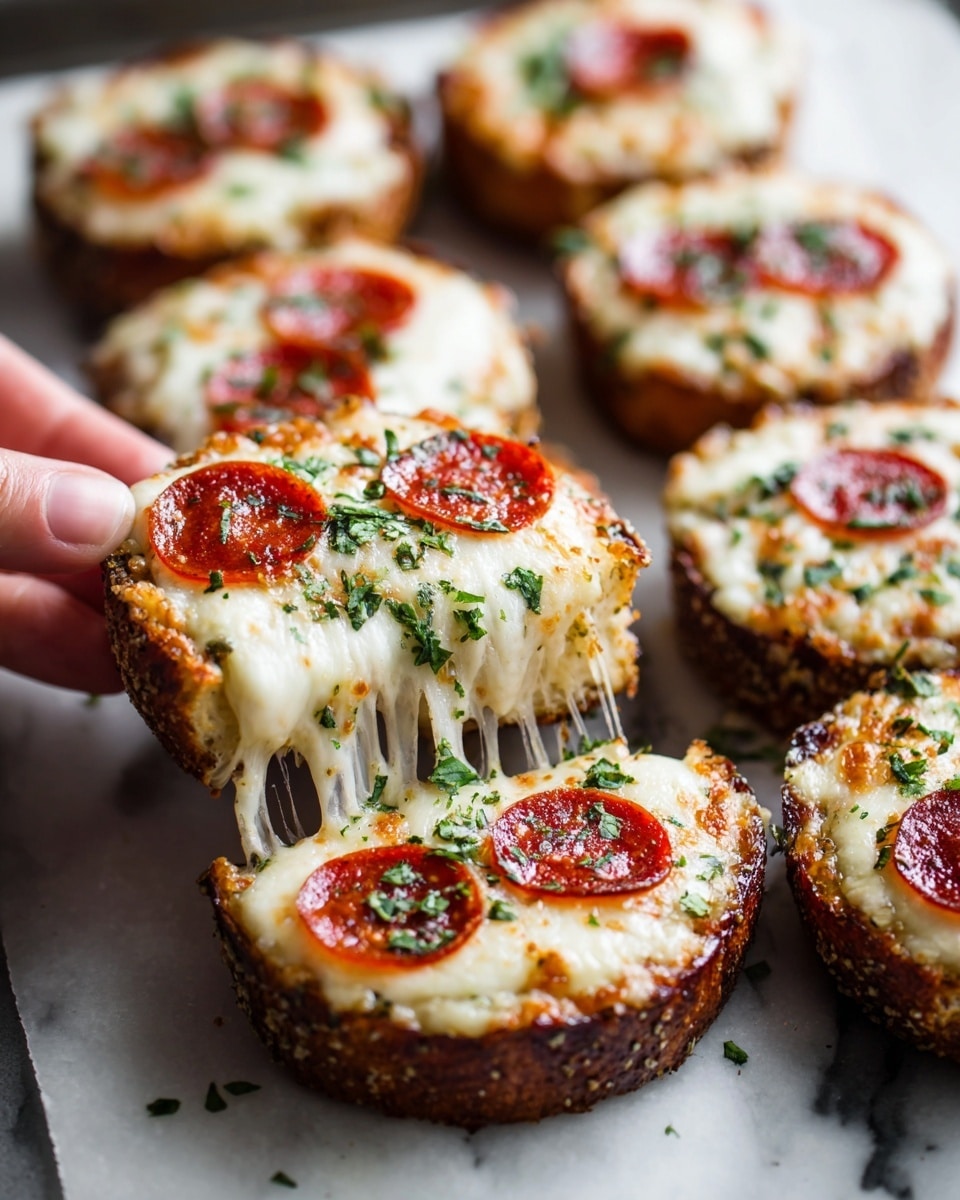 The image shows small pizza pieces being pulled apart by two hands, revealing a stretchy layer of melted cheese. Each pizza piece has a golden brown crust at the bottom and is topped with melted yellowish-white cheese, small red pepperoni slices, and small green herbs sprinkled on top. The pizzas are placed on a baking tray with a dark surface, and the background has a white marbled texture. The cheese looks smooth and shiny, with some areas slightly browned. photo taken with an iphone --ar 4:5 --v 7