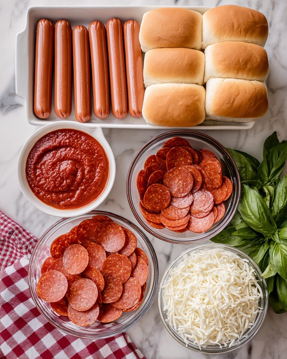 A white rectangular dish holds eight shiny brown wieners neatly lined up side by side on the left at the top. To the right, there are eight soft, golden brown hot dog buns stacked in two layers, four on the bottom and four on top. Below them, there are three clear round glass bowls arranged in a row on a white marbled surface: the left bowl has a thick red pizza sauce with a slight swirl on top, the middle bowl is filled with many round red pepperoni slices overlapping each other, and the right bowl holds a heap of soft white shredded mozzarella cheese. A red and white checkered cloth is partially visible in the bottom left corner, and a green leafy basil branch is on the right side. Photo taken with an iphone --ar 4:5 --v 7