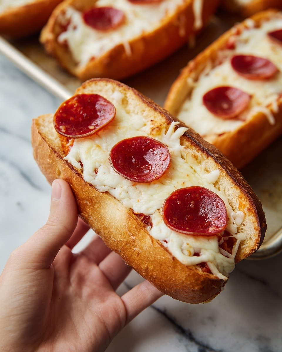 A close-up of a mini pizza sandwich held by a woman's hand showing a soft golden-brown bread bun split open to reveal three layers of melted white cheese topped with three round, shiny red pepperoni slices arranged in a row down the center. The bread edges are sprinkled with more melted cheese that is slightly browned and crisp. The background shows a baking tray with more similar sandwich pizzas on a white marbled surface. photo taken with an iphone --ar 4:5 --v 7