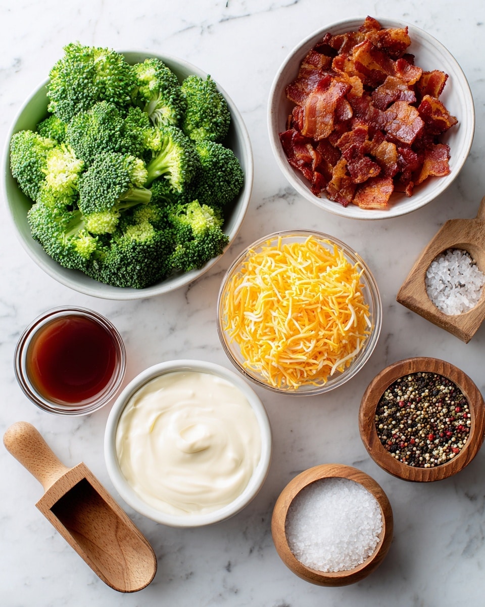 The image shows a top view of various cooking ingredients placed on a white marbled surface. In the bottom left corner, there is a white bowl filled with bright green broccoli florets. To the right of the bowl, a small clear glass cup holds crispy pieces of bacon with a reddish-brown color. Above the bacon, a white bowl is piled with shredded cheddar cheese that is orange-yellow. To the left of the cheese, another small glass cup contains a dark reddish-brown liquid. Above this, a small white bowl holds creamy white mayonnaise. At the top right corner, there are two wooden round containers: one filled with coarse white salt with a small wooden scoop, and the other filled with mixed whole peppercorns with a wooden scoop. The whole setup is clean and simple, arranged neatly on a white marbled texture. photo taken with an iphone --ar 4:5 --v 7