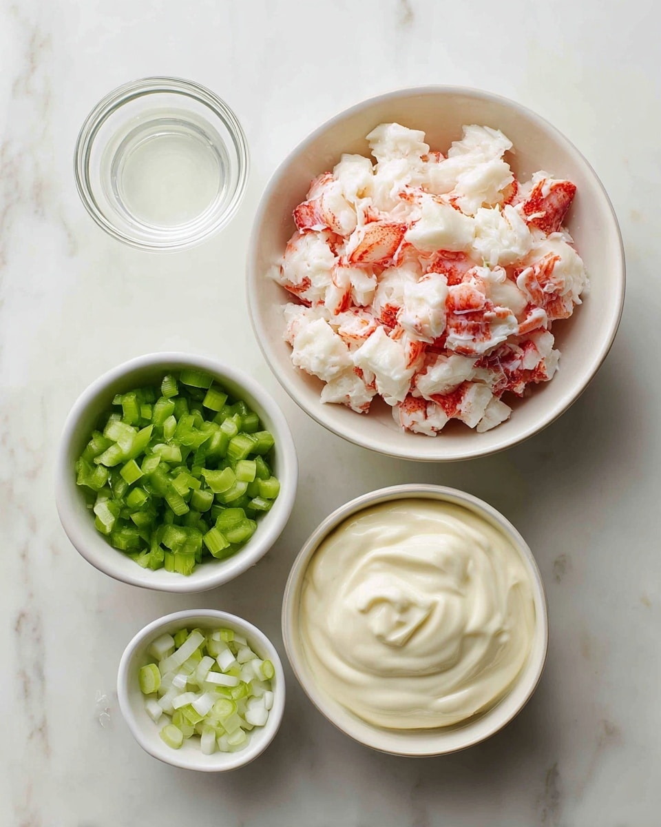 The image shows five white bowls with different chopped ingredients placed on a white marbled surface. The largest bowl is filled with white and red chopped pieces, which look like imitation crab meat. Next to it is a bowl with creamy, smooth white mayonnaise. Below it are two smaller bowls: one contains bright green chopped celery, and the other has small white chopped onion pieces. On the top left, there is a small clear glass bowl with a small amount of white liquid inside. All bowls are neatly arranged and the image is bright and clear. photo taken with an iphone --ar 4:5 --v 7
