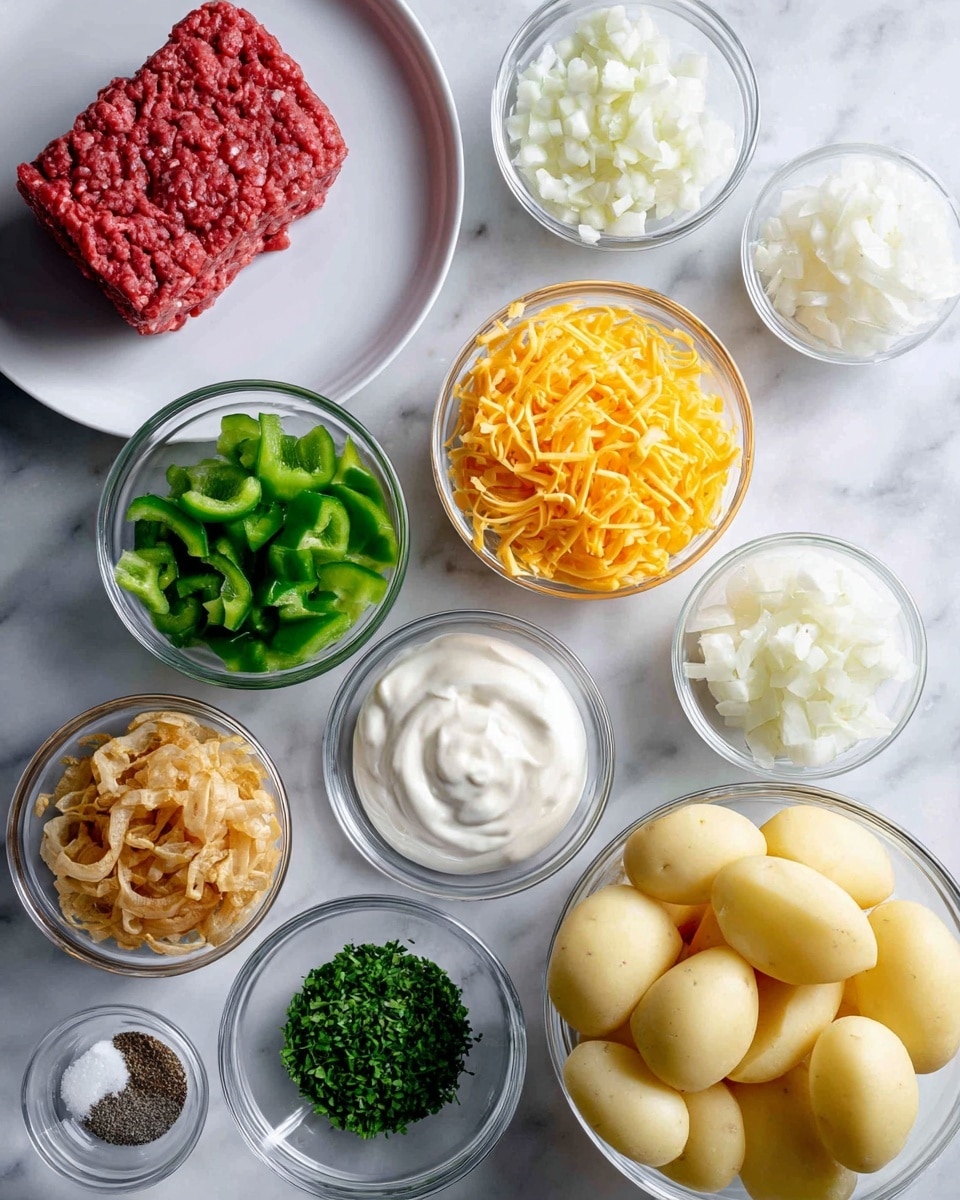 A top view of various cooking ingredients placed on a white marbled surface. At the top left, there is a white plate holding a block of red ground meat. To its right, there is a clear small bowl filled with bright orange shredded cheese. Below these, a small clear bowl contains chopped green bell peppers in the center, flanked by two other small clear bowls – one with golden crispy onions on the left and another with white chopped onions on the right. Further down are more small clear bowls: one filled with white sour cream, another with a creamy dip featuring small specks, a tiny clear bowl with black pepper, one with salt, and a small bowl filled with finely chopped green herbs. At the bottom right, a large clear bowl holds evenly sliced peeled potatoes. Lastly, a tiny clear bowl with minced garlic rests near the bottom center. The image has a bright, clean feeling. photo taken with an iphone --ar 4:5 --v 7