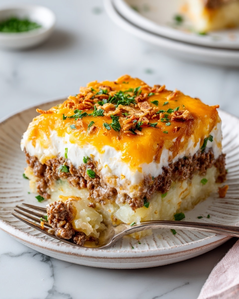 The dish is a square slice of layered casserole placed on a white plate. The bottom layer is light beige potato pieces with a chunky texture. Above that, there is a layer of cooked ground meat mixed with small beige cubes, giving a dense and hearty look. The next layer is a thick, creamy white sauce that covers the meat layer, appearing smooth with small bits of seasoning visible. On top, there is a bright orange melted cheese layer with some crunchy fried onion bits scattered around, adding texture and a golden touch. Small green parsley pieces are sprinkled on the cheese for color contrast. The setting is a white marbled surface. photo taken with an iphone --ar 4:5 --v 7