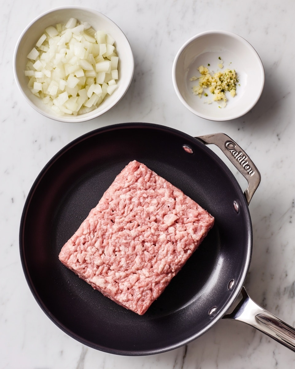 A black frying pan holds a single rectangular block of raw ground meat with a pink color and a soft, textured surface. Above the pan on a white marbled surface, two small white bowls are placed side by side. The larger bowl on the left contains chopped white onions, showing their pale and slightly translucent pieces. The smaller bowl on the right has a small amount of minced garlic, pale yellow with tiny green bits, scattered loosely inside. The pan handle is silver metal, with the brand name