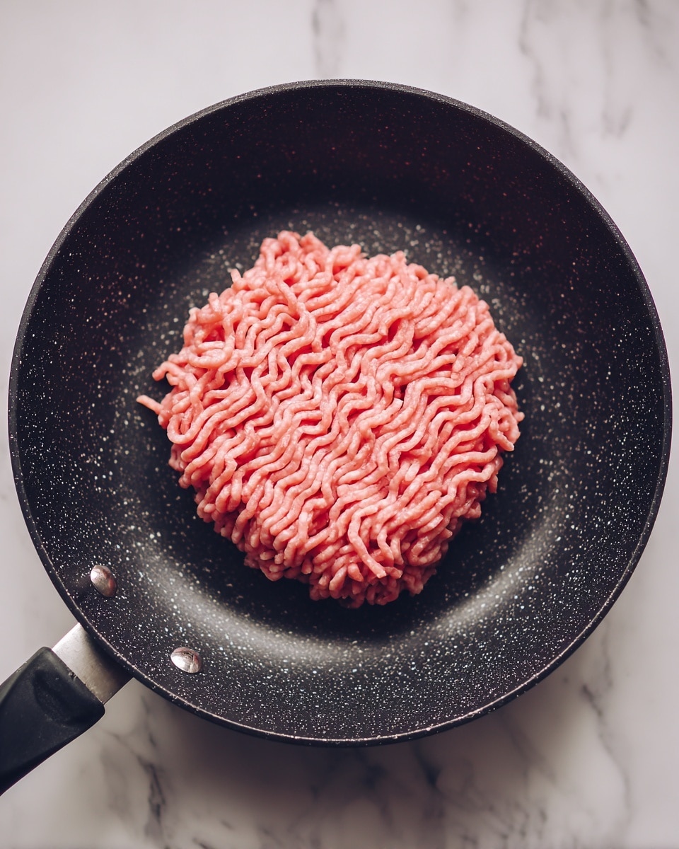 A close-up top view of a single thick layer of raw ground meat with a soft pink color and fine, stringy texture laid flat in the center of a black frying pan with a slightly speckled surface. The pan is set against a white marbled texture background. photo taken with an iphone --ar 4:5 --v 7