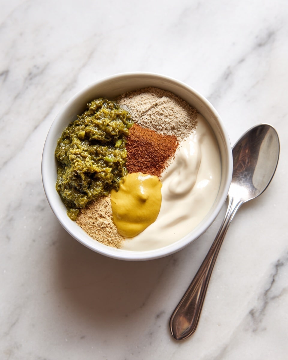 A white bowl sits on a white marbled surface, filled with four distinct layers that have not been mixed. The bottom layer is a smooth white creamy base occupying the whole bowl. On top of this, there is a chunky green relish with a glossy texture placed on the left side. To the right of the relish, there is a dollop of smooth, bright yellow mustard. Adjacent to the mustard, a series of fine powders in light brown and reddish hues form a small strip along the edge of the bowl. A silver spoon rests on the white marbled surface just to the right of the bowl. Photo taken with an iphone --ar 4:5 --v 7