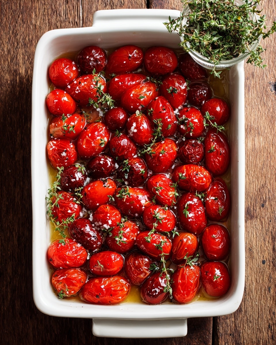 A white rectangular baking dish filled with two layers of red grape tomatoes, some darker and some bright red, covered in a thin layer of olive oil, with sprigs of fresh thyme placed evenly on top. The tomatoes have a slight shine from oil and tiny bits of salt sprinkled over them. The dish is placed on a wooden surface, with a glass jar containing fresh thyme flowers visible at the top edge of the frame. photo taken with an iphone --ar 4:5 --v 7