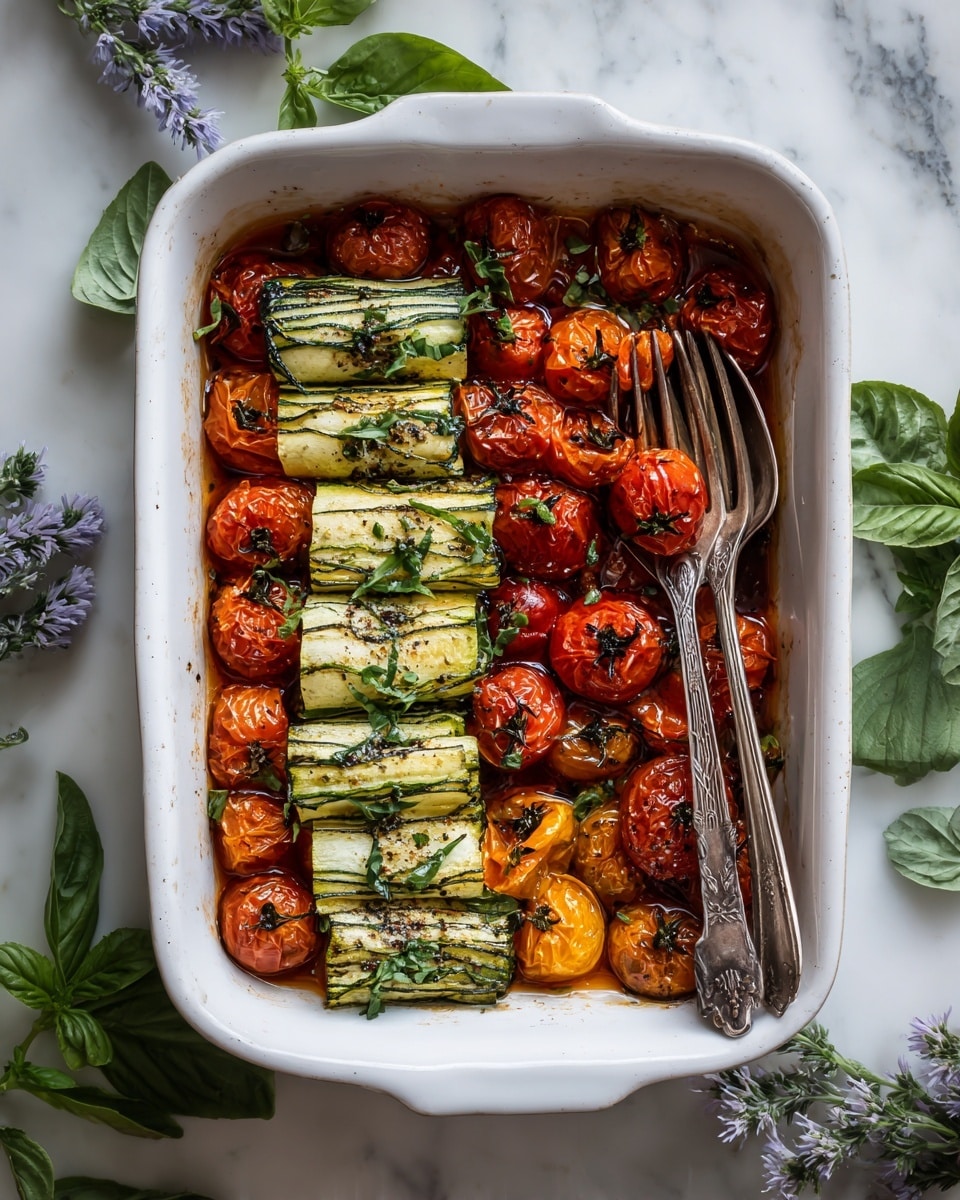 A white rectangular baking dish filled with bright red roasted cherry tomatoes as the base layer, glossy and slightly shriveled, with eight folded pale green zucchini ribbons placed evenly on top, each folded square showing light seasoning and garnished with small green herb sprigs. Two silver serving forks rest on the right side inside the dish. The dish sits on a white marbled surface with scattered fresh green basil leaves and purple clover flowers around. Photo taken with an iphone --ar 4:5 --v 7