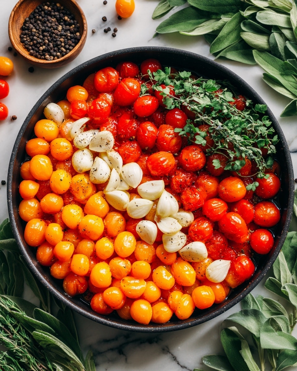A black pan filled with three layers of ingredients is shown on a white marbled surface. The bottom layer is made of various small tomatoes in shades of bright orange, yellow-orange, and red, spread across the pan. On top of the tomatoes are scattered white garlic cloves with smooth, papery skins. The top layer consists of fresh green sprigs of herbs, adding a touch of leafy texture and color contrast. In the background, there are some green leaves and a small bowl with black peppercorns. photo taken with an iphone --ar 4:5 --v 7