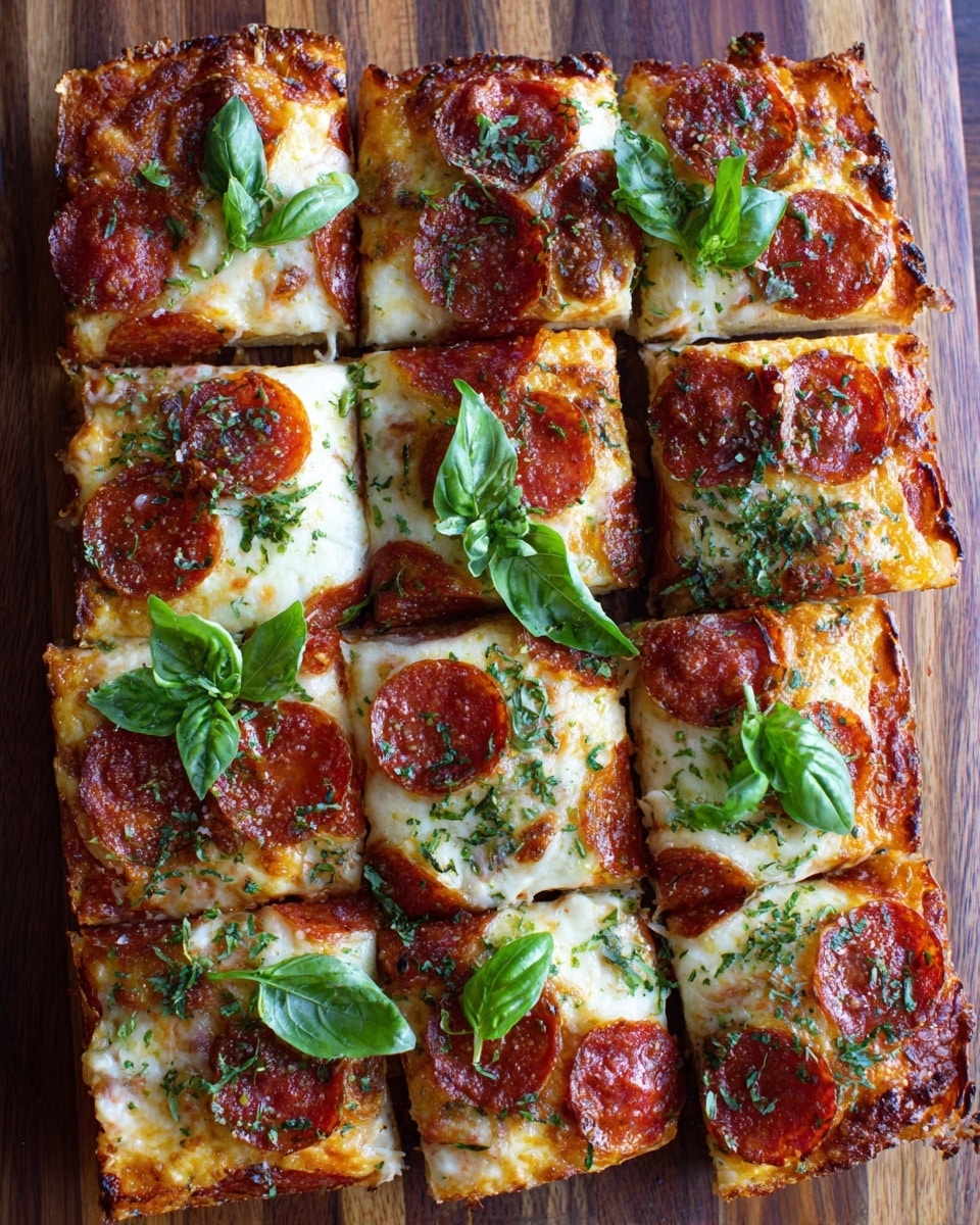 A rectangular pizza cut into 15 square pieces rests on a wooden surface with a worn look; the pizza has a golden brown crust base topped with melted cheese that has hints of white and light orange, scattered evenly across the surface. Pepperoni slices with a reddish-brown tone are placed on almost every square piece, some with darker crispy edges. Chopped dark green herbs are sprinkled all over, adding texture and color contrast. Fresh bright green basil leaves are placed on several pieces, adding a fresh touch. The pizza edges are slightly crisp with charred spots. The scene includes some scattered herbs and whole fresh basil sprigs for decoration. Photo taken with an iphone --ar 4:5 --v 7